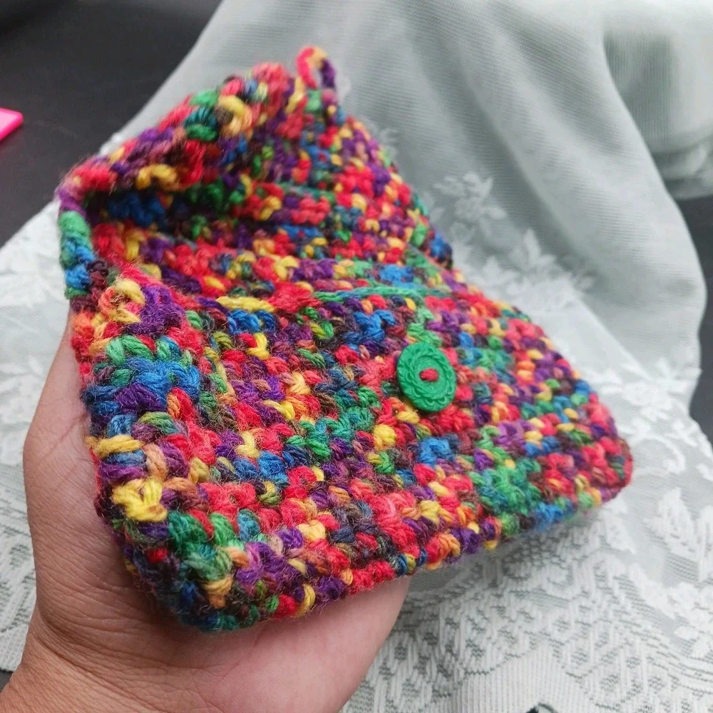 Handknit Crocheted RAINBOW Small organizer make up Bag Boho Hippie Cute Vintage
